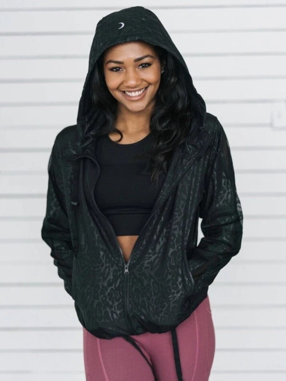Zyia Active USA Black Hooded Bomber Jacket with Cheetah Print